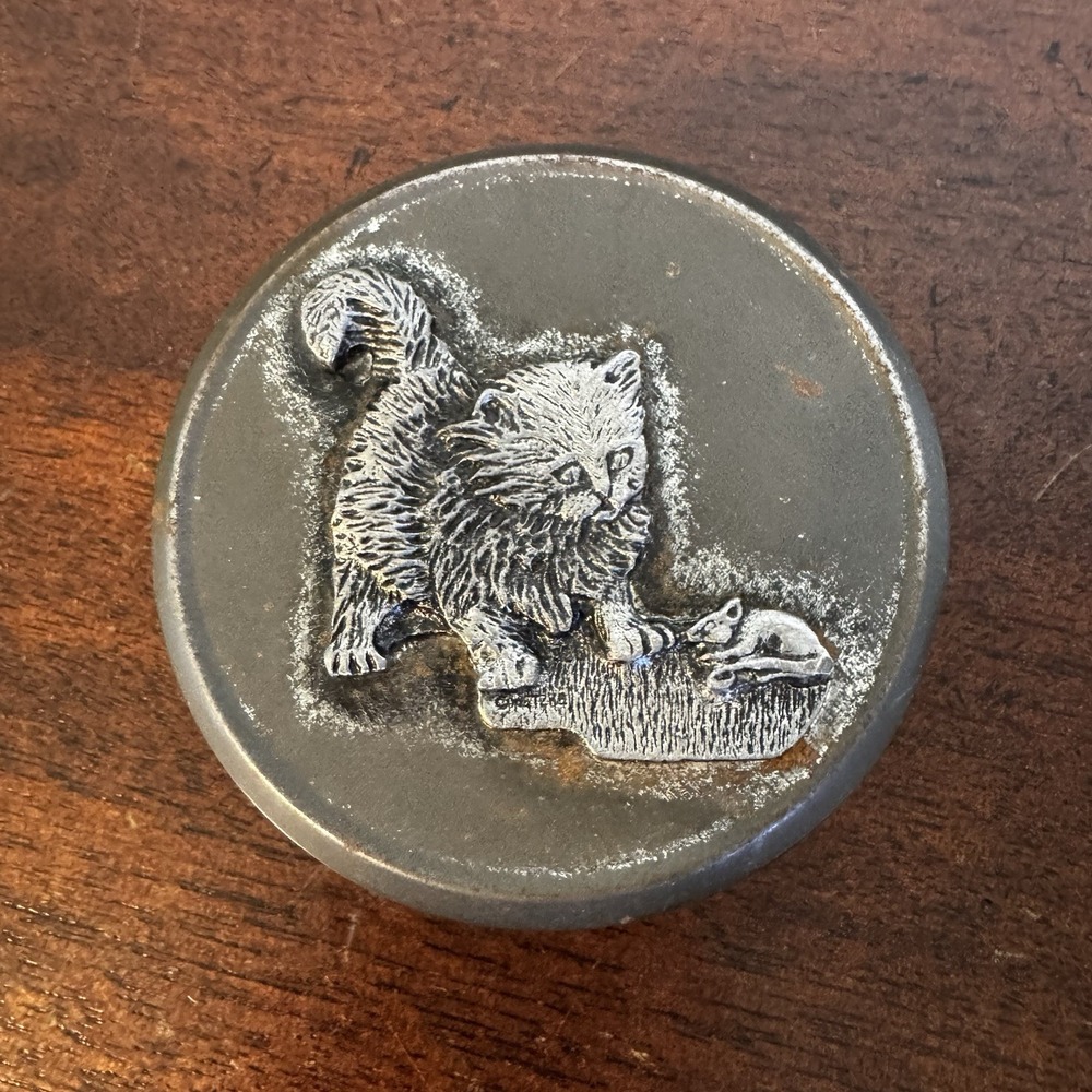 3" Vintage Lid Container Tin With Raised Cat Playing With Mouse 3"